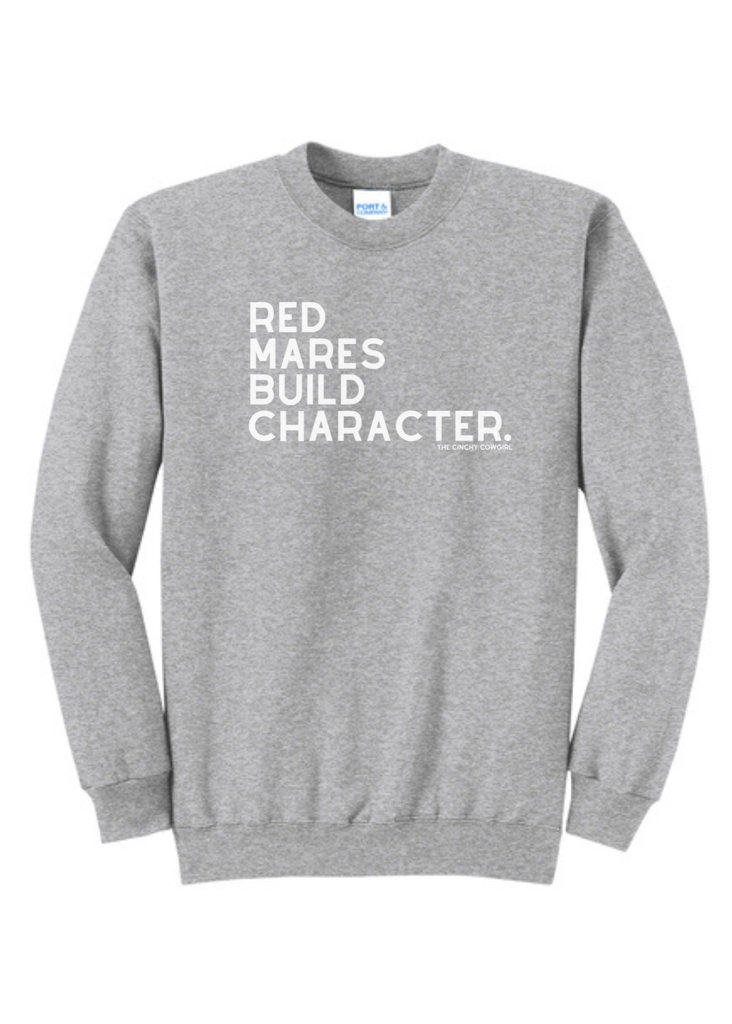 Red Mares Build Character Pullover [6 Colors] Graphic Pullover The Cinchy Cowgirl Small Athletic Heather Gray
