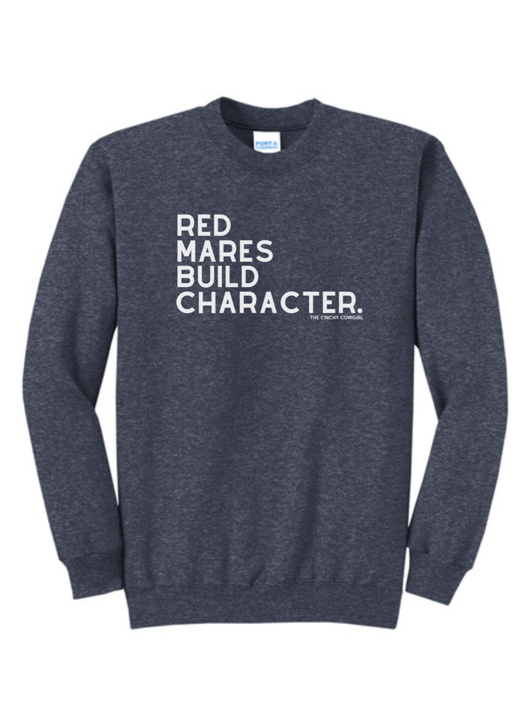 Red Mares Build Character Pullover [6 Colors] Graphic Pullover The Cinchy Cowgirl Small Heather Navy