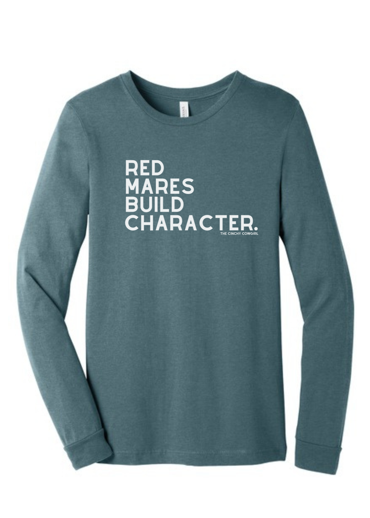 Red Mares Build Character Long Sleeve Graphic Tee [6 Colors] Long Sleeve Graphic Tee The Cinchy Cowgirl Heather Slate Small