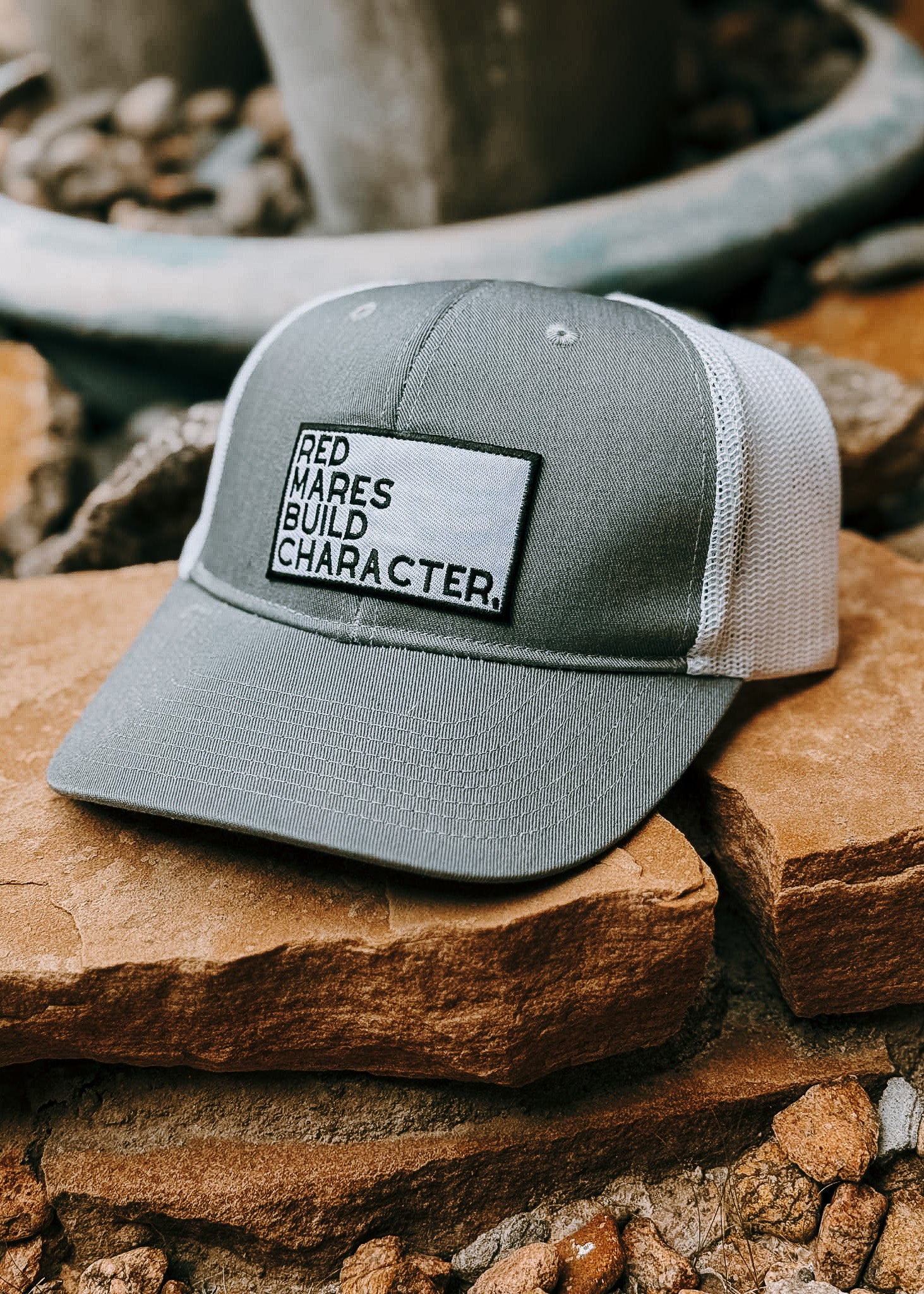 Patch Red Mares Build Character Trucker Hat Patch TCC Hat The Cinchy Cowgirl Gray & White