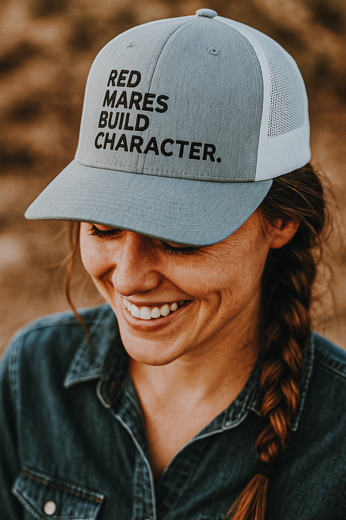 Gray Embroidered Red Mares Build Character Trucker Hat Embroidered TCC Hat The Cinchy Cowgirl