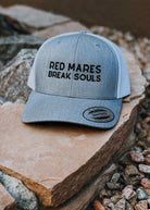 Gray & White Embroidered RED Mares Break Souls Trucker Hat Embroidered TCC Hat The Cinchy Cowgirl