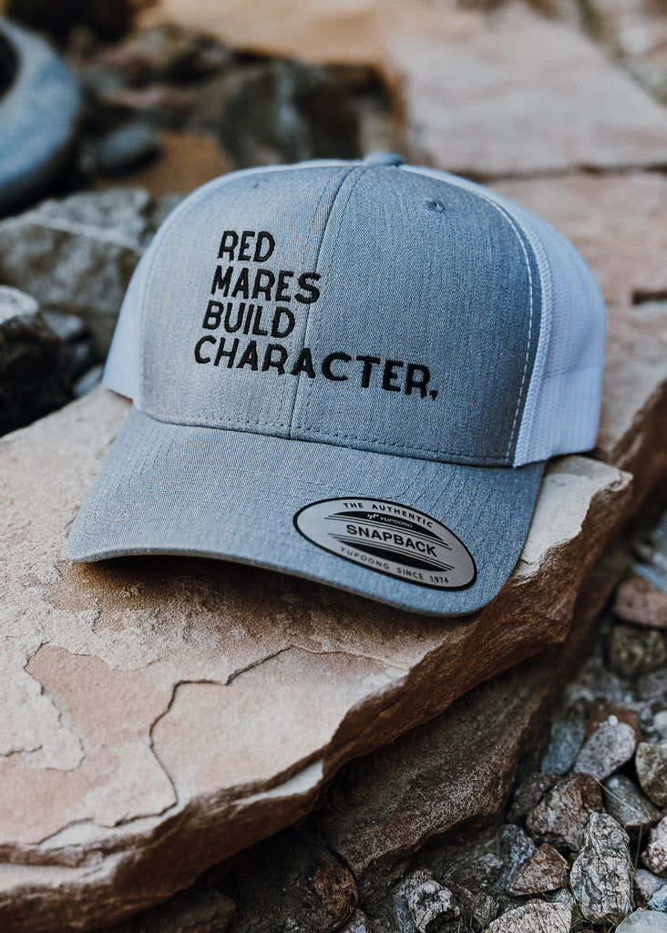 Gray Embroidered Red Mares Build Character Trucker Hat Embroidered TCC Hat The Cinchy Cowgirl