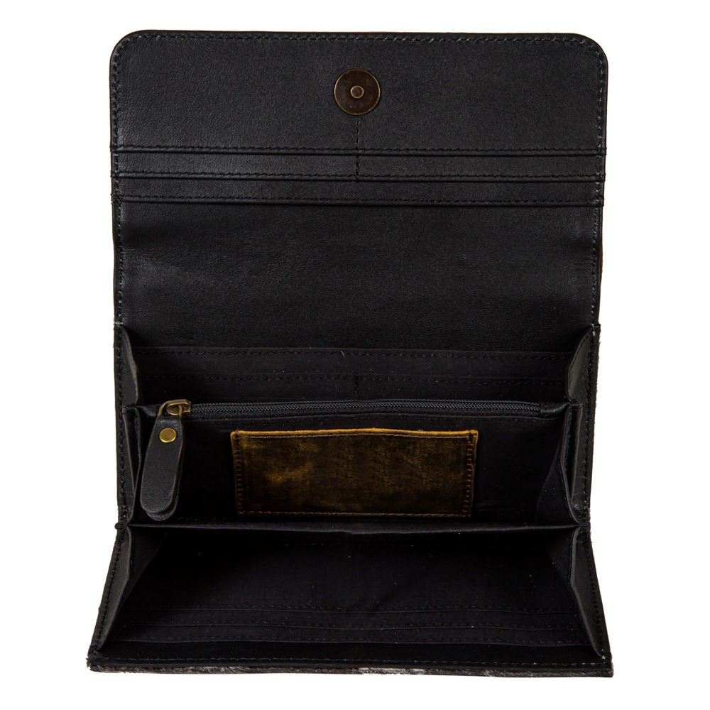 Interior of dark fabric and leather wallet shown. Coin pouch, card slots and money pockets are visible. 