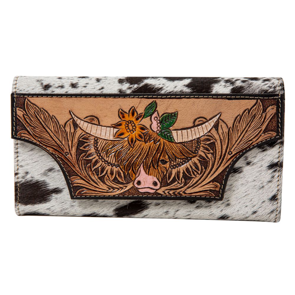 Cowhide wallet with tooled feathers surrounding a high land cow with sunflowers. Painted floral tooling accents are on top of the highland.