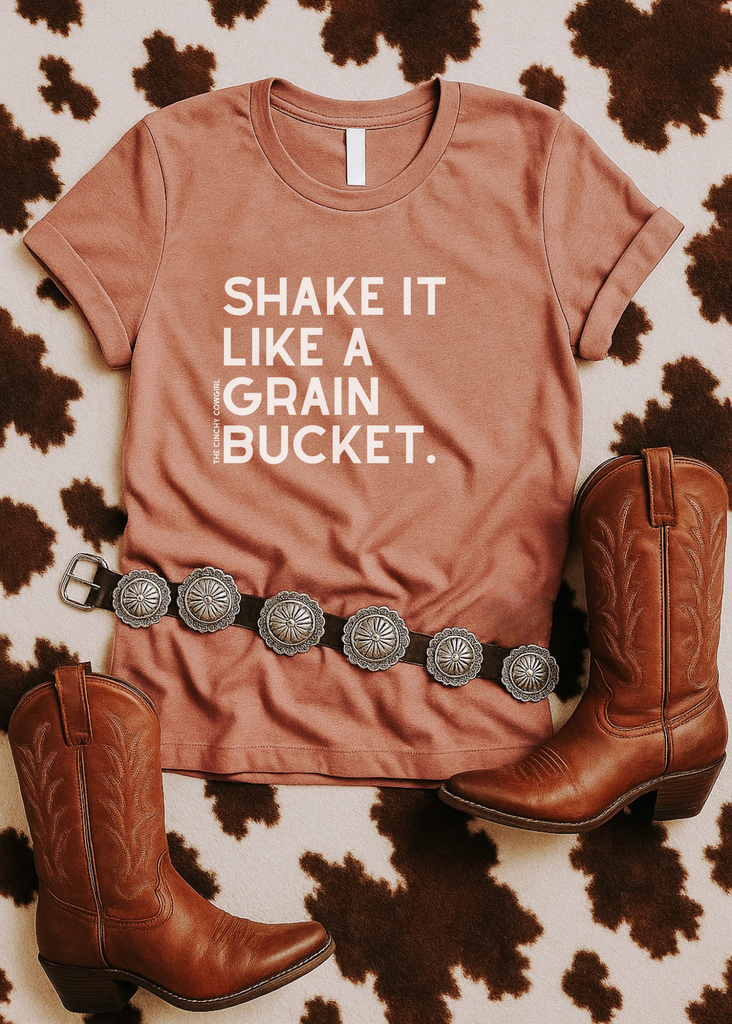 Shake It Like A Grain Bucket Short Sleeve Graphic Tee [16 Colors] Short Sleeve Graphic Tee The Cinchy Cowgirl