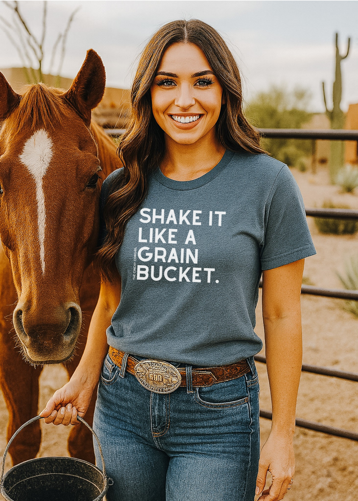 Shake It Like A Grain Bucket Short Sleeve Graphic Tee [16 Colors] Short Sleeve Graphic Tee The Cinchy Cowgirl