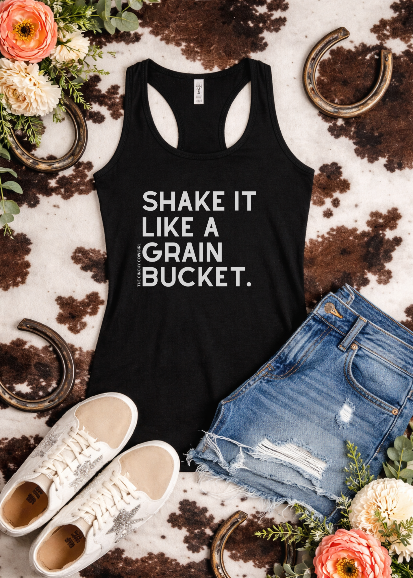 Shake It Like A Grain Bucket Racerback Tank Tank Top The Cinchy Cowgirl - Print