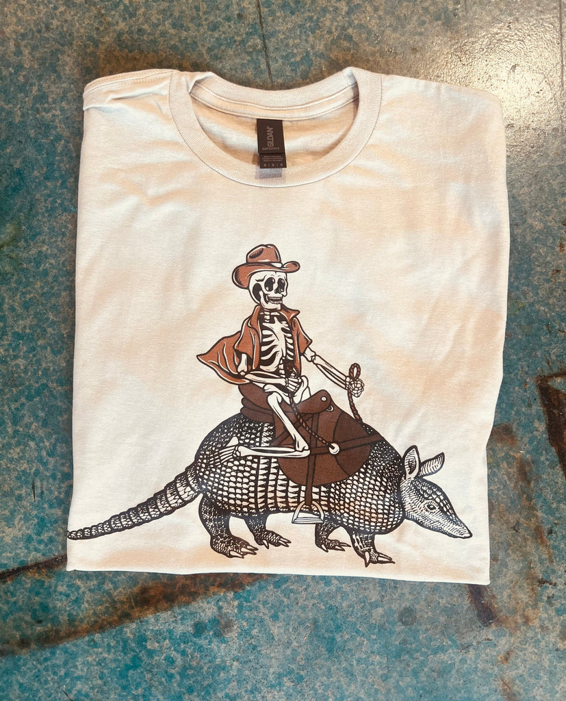 Skeleton on Armadillo Sweatshirt graphic tee - dropship thelattimoreclaim   