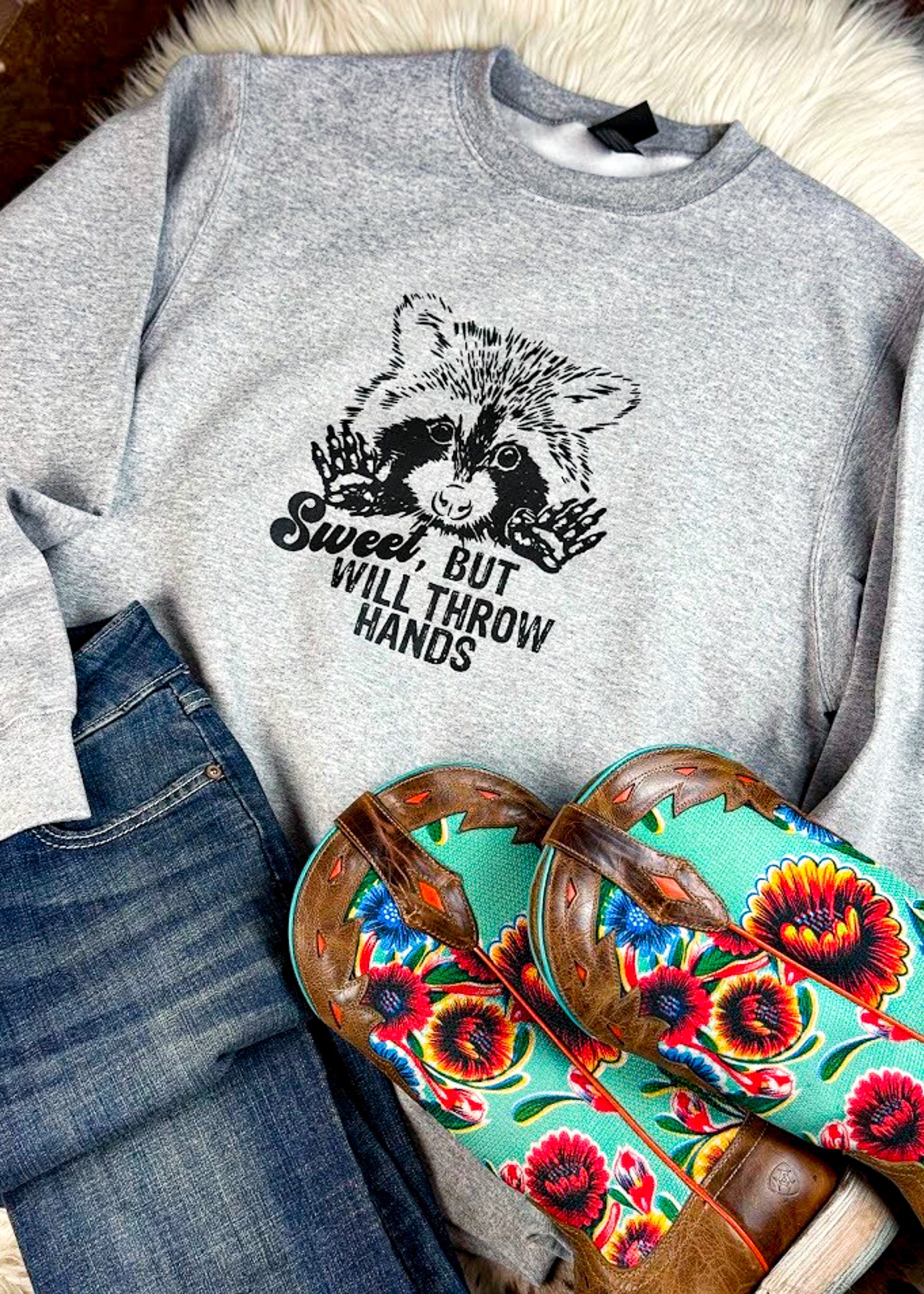 Heather Gray Throw Hands Pullover $15 pullover sale The Cinchy Cowgirl