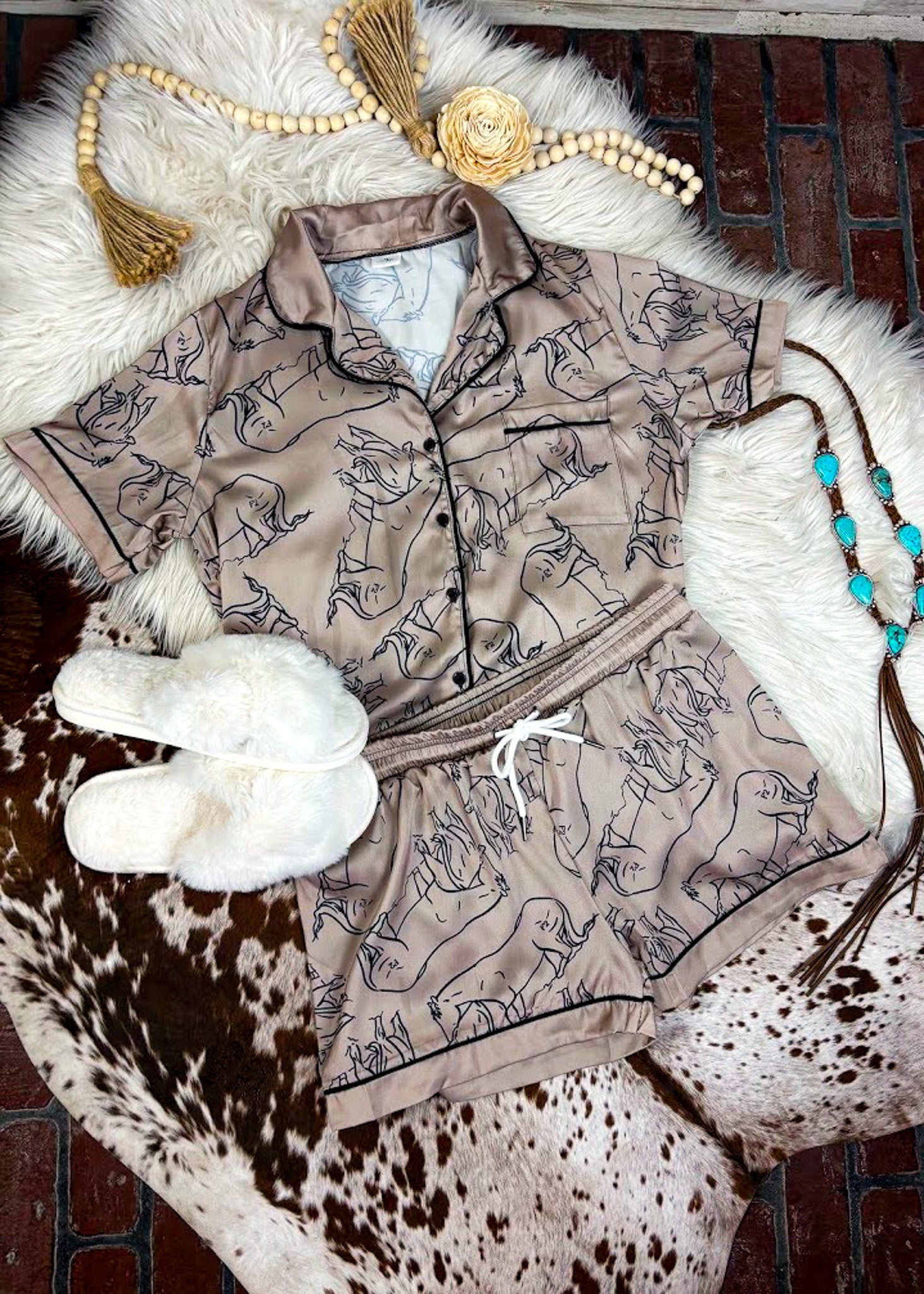 Tan & Black Cutting Horse Silky Shorts Pajamas silky pajamas - shorts The Cinchy Cowgirl (YC)