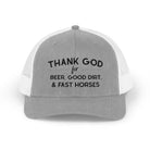 Thank God for Beer Good Dirt and Fast Horses Embroidered Hat Embroidered TCC Hat The Cinchy Cowgirl - Print Heather Grey / White