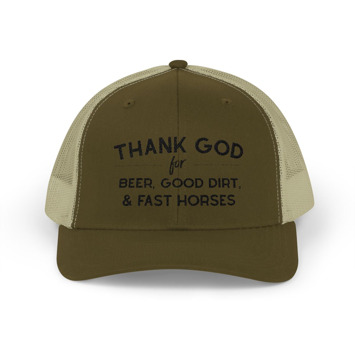 Thank God for Beer Good Dirt and Fast Horses Embroidered Hat Embroidered TCC Hat The Cinchy Cowgirl - Print Brown / Khaki