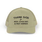 Thank God for Beer Good Dirt and Fast Horses Embroidered Hat Embroidered TCC Hat The Cinchy Cowgirl - Print Khaki