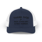 Thank God for Beer Good Dirt and Fast Horses Embroidered Hat Embroidered TCC Hat The Cinchy Cowgirl - Print Navy / White