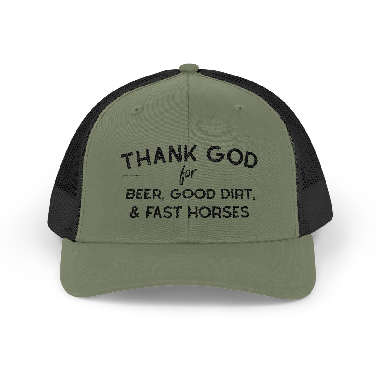 Thank God for Beer Good Dirt and Fast Horses Embroidered Hat Embroidered TCC Hat The Cinchy Cowgirl - Print Moss / Khaki