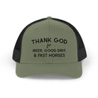 Thank God for Beer Good Dirt and Fast Horses Embroidered Hat Embroidered TCC Hat The Cinchy Cowgirl - Print Moss / Khaki