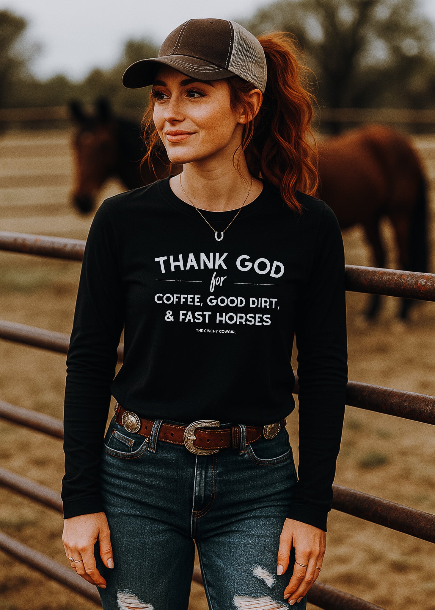 Thank God For Coffee, Good Dirt & Fast Horses Long Sleeve Graphic Tee [6 Colors] Long Sleeve Graphic Tee The Cinchy Cowgirl