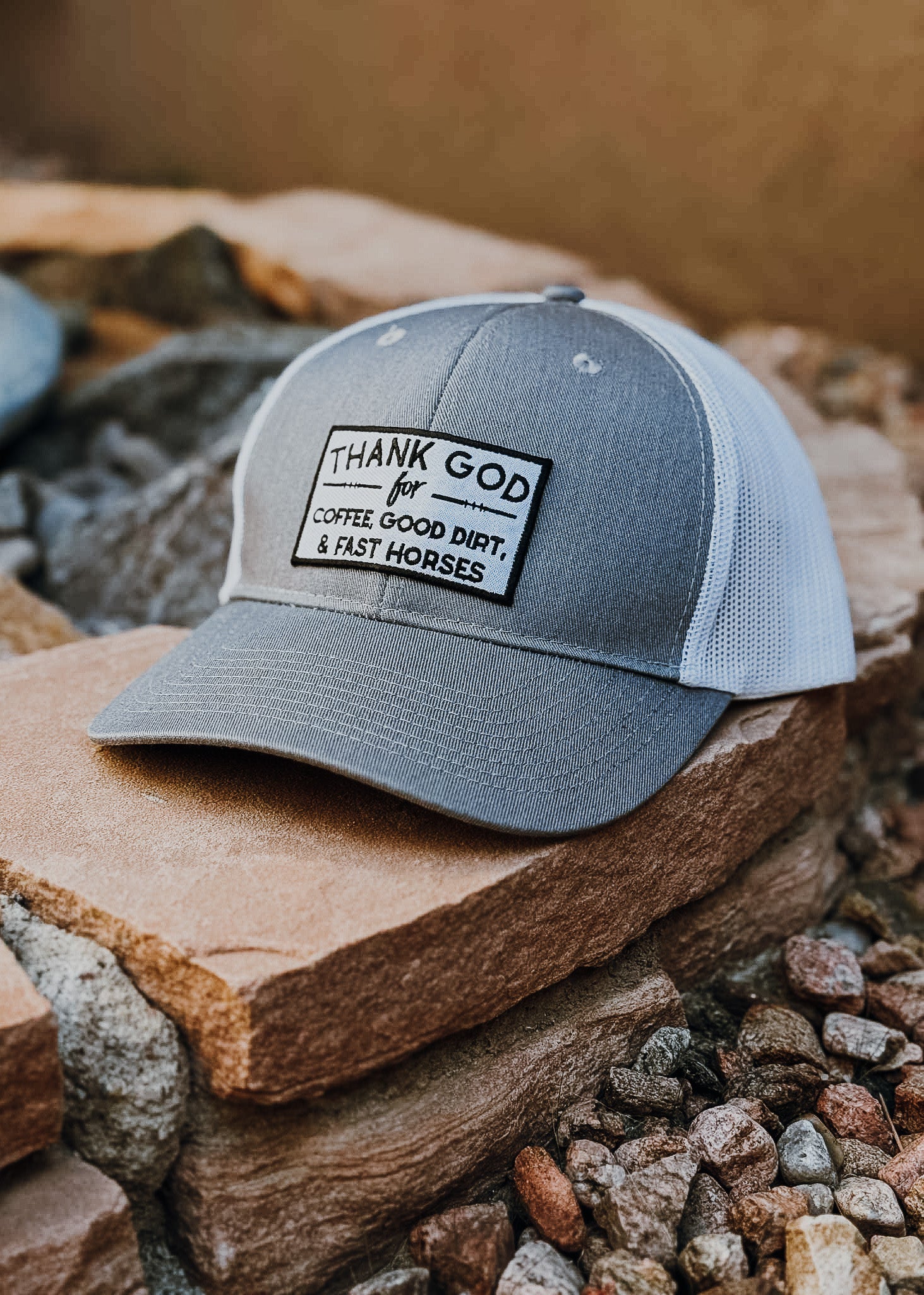 Patch Thank God For Coffee, Good Dirt & Fast Horses Trucker Hat Patch TCC Hat The Cinchy Cowgirl Gray & White