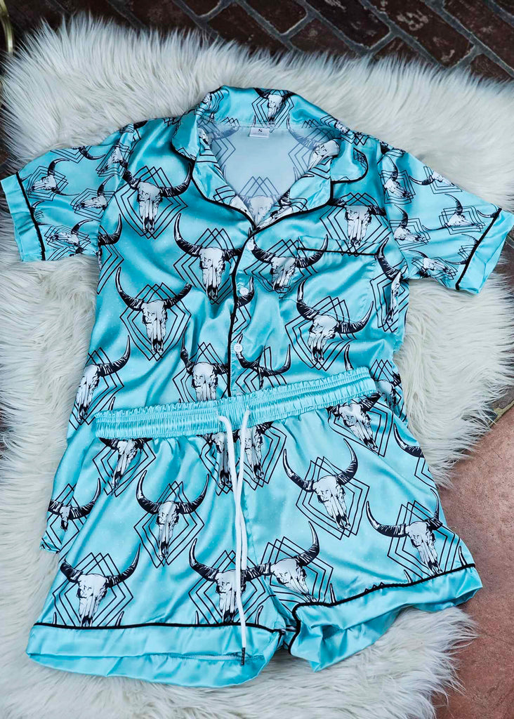 Turquoise Steer Skull Silky Shorts Pajamas silky pajamas - shorts The Cinchy Cowgirl (YC) S  