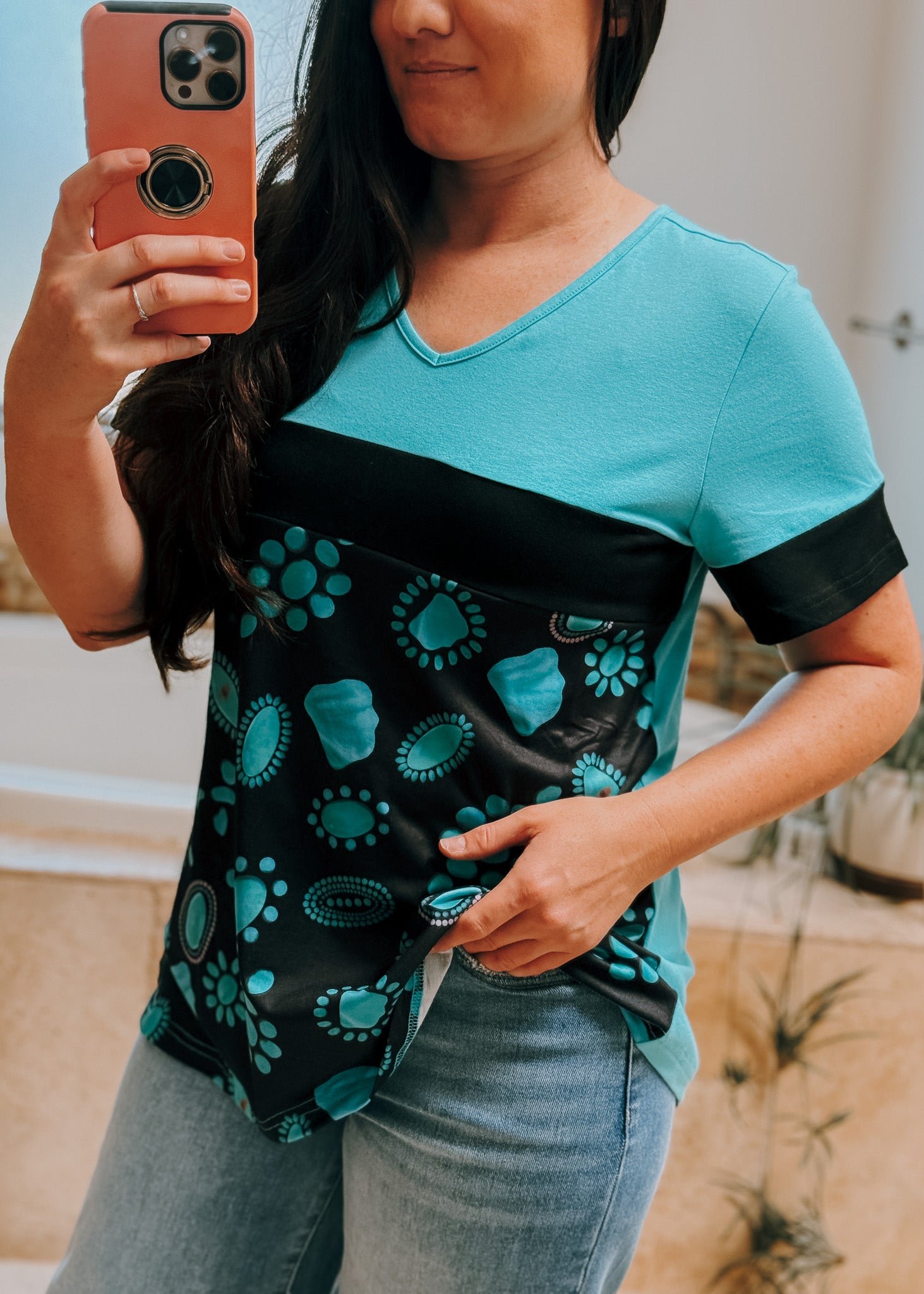 Turquoise Stone Short Sleeve Top blouse ladysworld