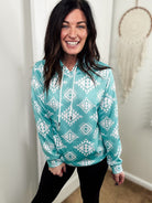 Turquoise & White Aztec Hoodie Women's Pullover Hoodie With Drawstring The Cinchy Cowgirl (YC)