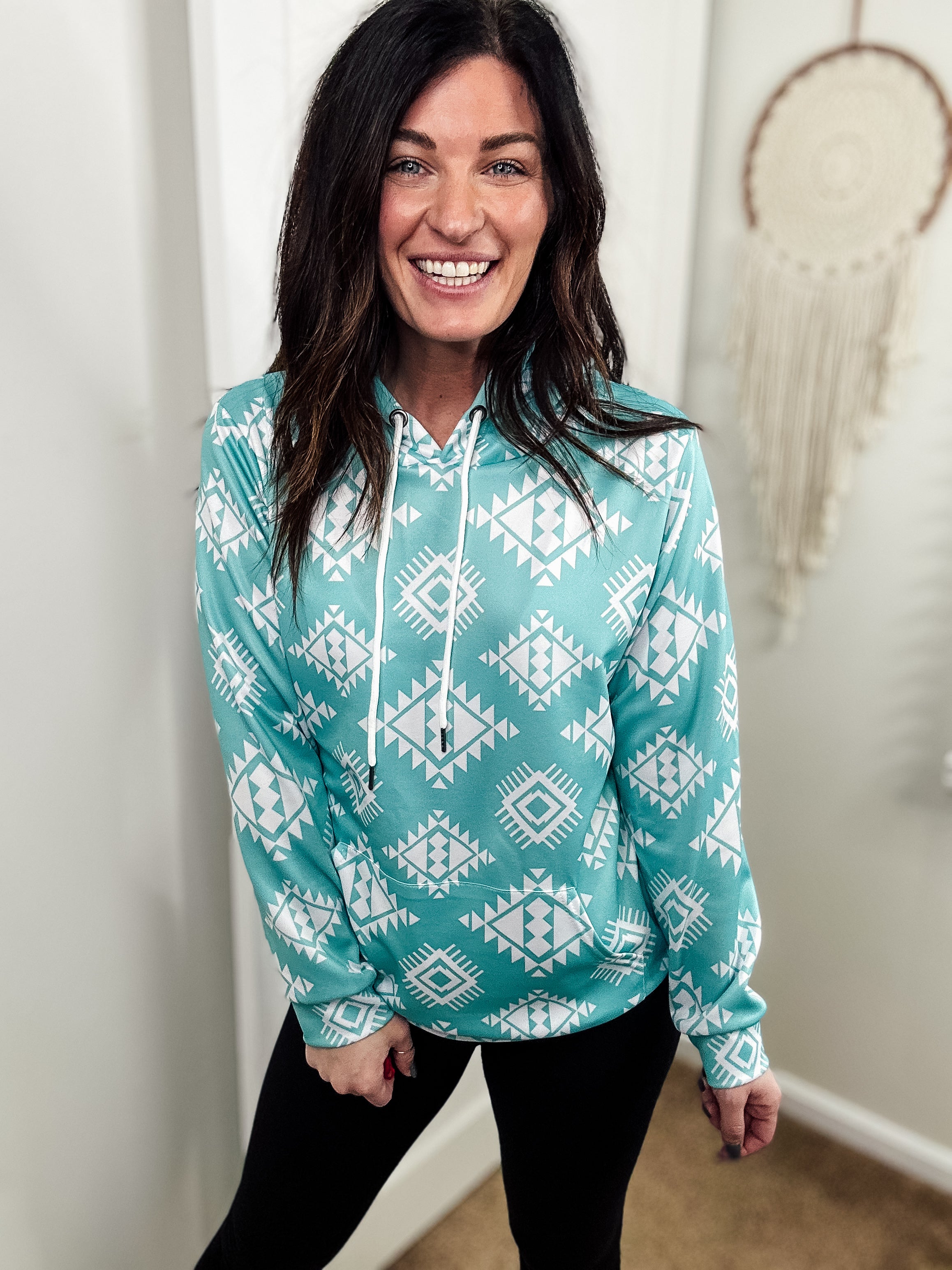 Turquoise & White Aztec Hoodie Women's Pullover Hoodie With Drawstring The Cinchy Cowgirl (YC)