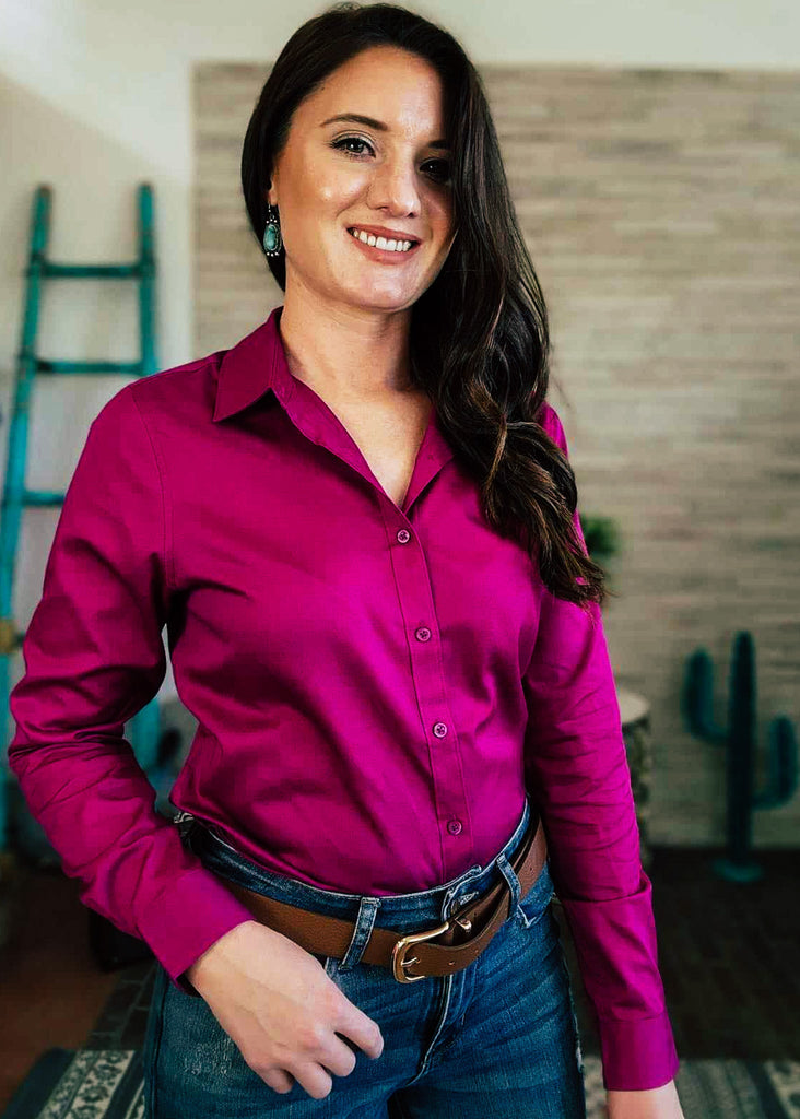 Joshua 1:9 Long Sleeve Button Down Shirt [6 Colors] long sleeve button down - faith based The Cinchy Cowgirl XS Wild Berry 