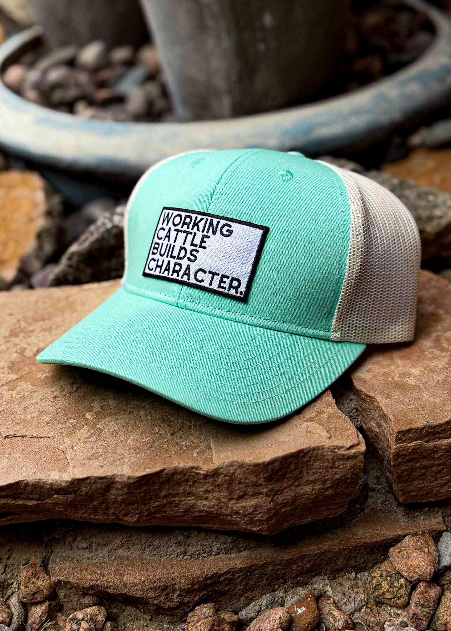 Patch Working Cattle Builds Character Trucker Hat Patch TCC Hat The Cinchy Cowgirl Seafoam