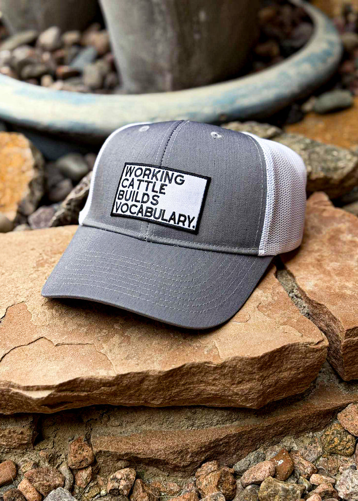 Patch Working Cattle Builds Vocabulary Trucker Hat [8 Colors] Patch TCC Hat The Cinchy Cowgirl Gray & White