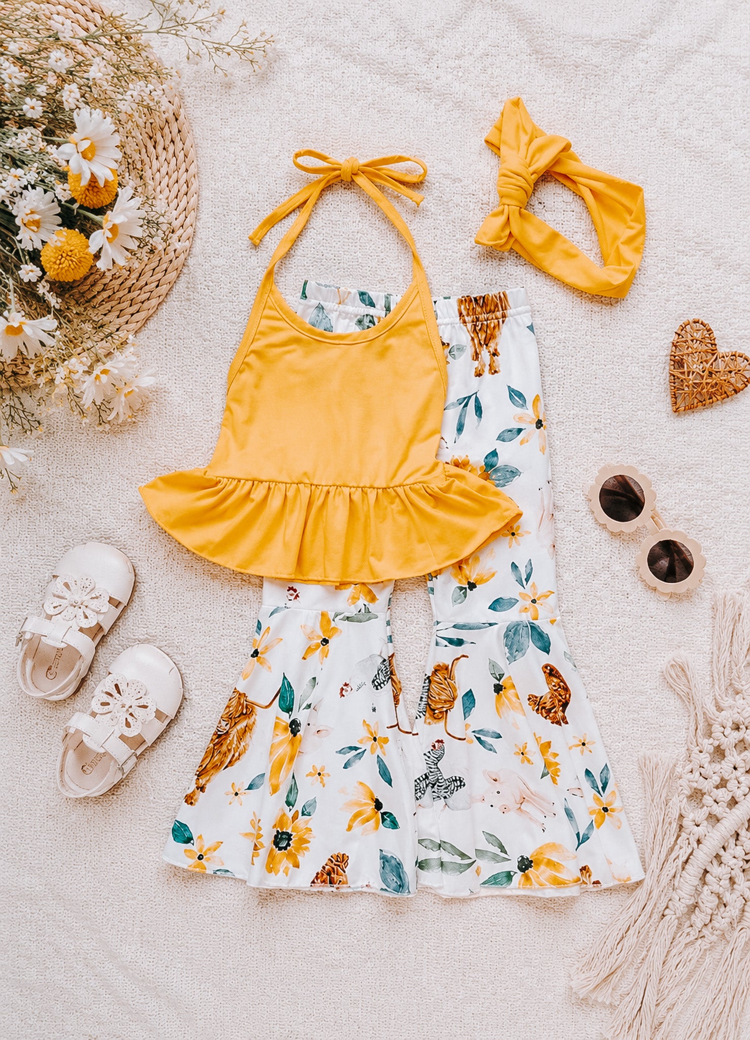 Yellow Farm Animal Bell Bottom/Tank Girls Set Baby Outfit ladysworld