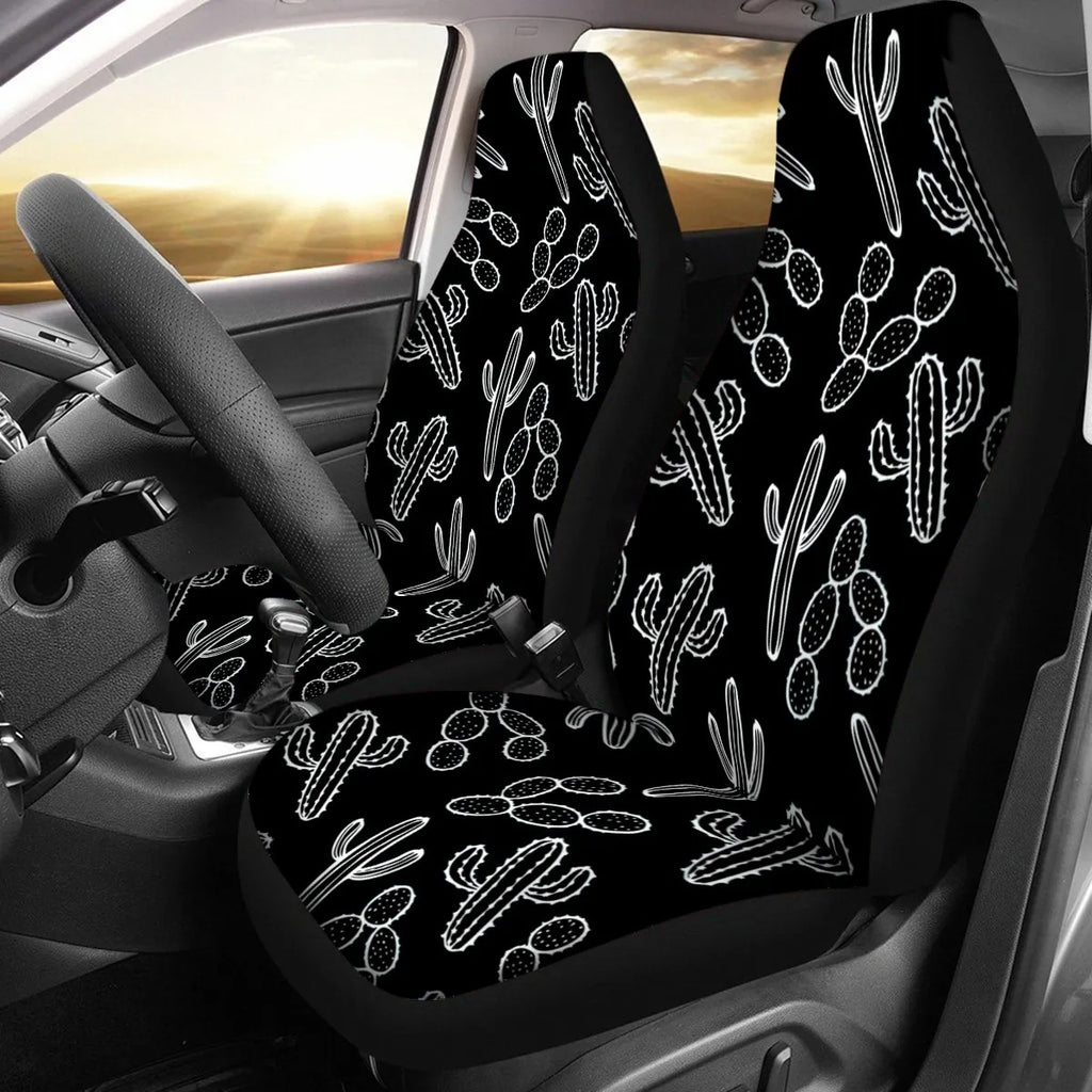 Three piece western auto set. Black material with white printed cacti car seat covers. 