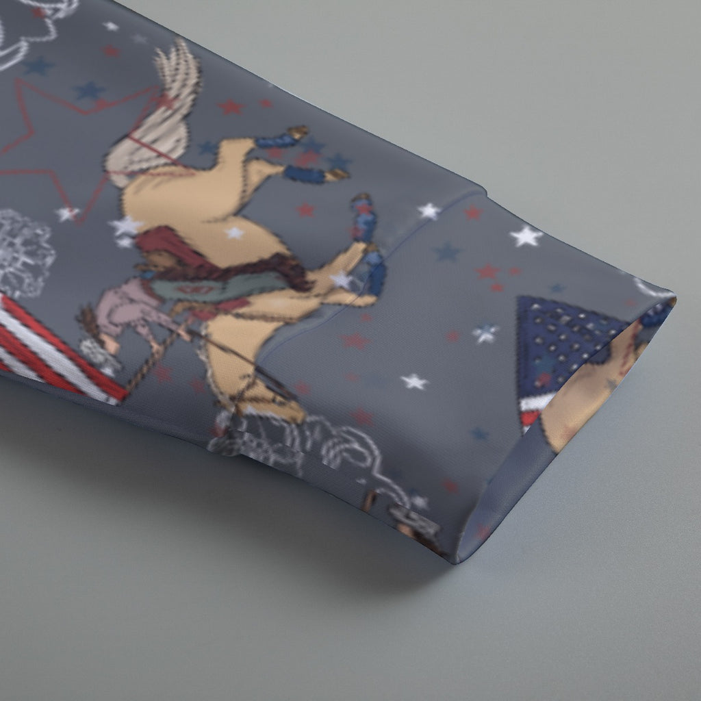 Grey hoodie with Cowboy Christmas with palomino horse and cowgirl running the American flag. Hoodie is zoomed in on the sleeve showing the design and sleeve. 