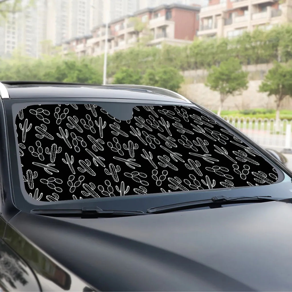 Three piece western auto set. Black material with white printed cacti windshield cover. 