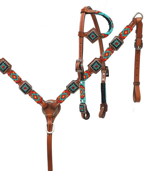 Teal, Gold & Black Beaded Headstall Set headstall set Shiloh   