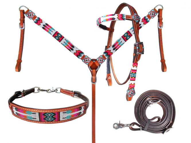 Orange, Pink, Turquoise Beaded Headstall Set headstall set Shiloh