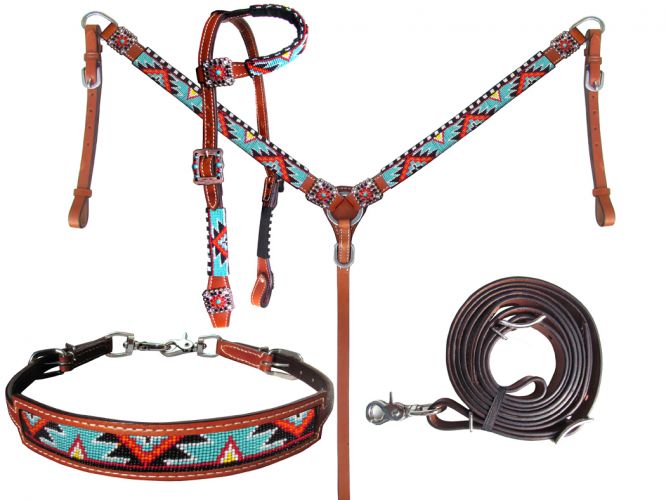 Orange, Red, Turquoise Beaded Headstall Set headstall set Shiloh   