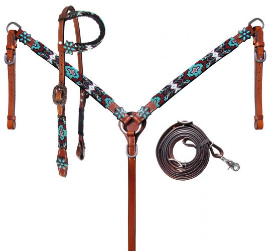 Turquoise & Burgundy Beaded Headstall Set headstall set Shiloh   