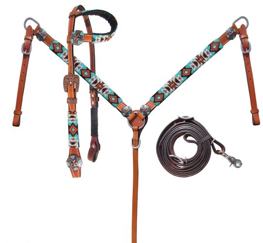 Turquoise & Orange Beaded Headstall Set headstall set Shiloh   