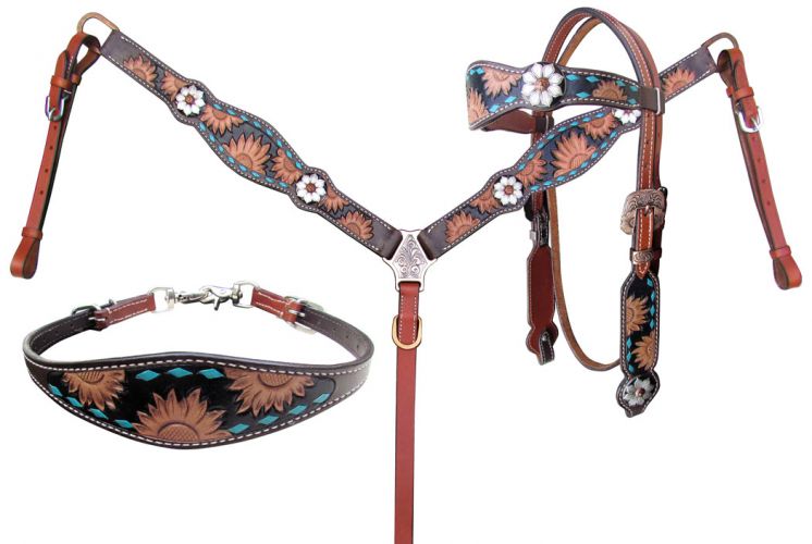 Sunflower Tooled 3 Piece Headstall Set headstall set Shiloh   