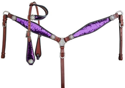 Purple & Silver Sequin Headstall Set headstall set Shiloh   