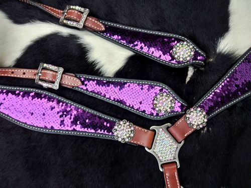 Purple & Silver Sequin Headstall Set headstall set Shiloh   