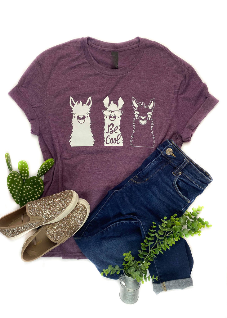 Eggplant Be Cool Llamas Short Sleeve Tee tcc graphic tee The Cinchy Cowgirl   