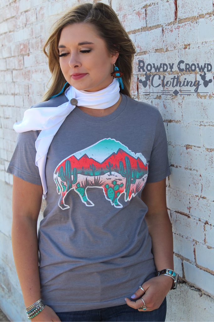 Grey short sleeve with a white outlined background and a desert scene inside of the buffalo. Red and shades of turquoise make up the desert scene (mountains and cacti). 