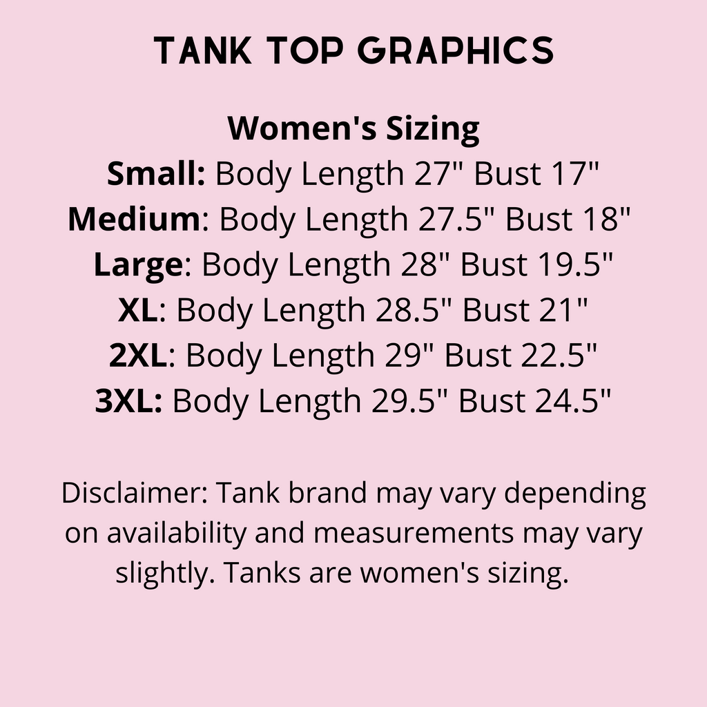 Pink TCC graphic with black lettering reading measurements from small to 3XL. 
