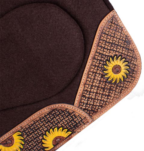 Brown western felt saddle pad with sunflower painted tooling on leather wears. 