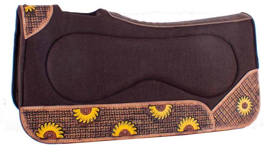 Brown western felt saddle pad with sunflower painted tooling on leather wears. Leather wear on spine not tooled. 