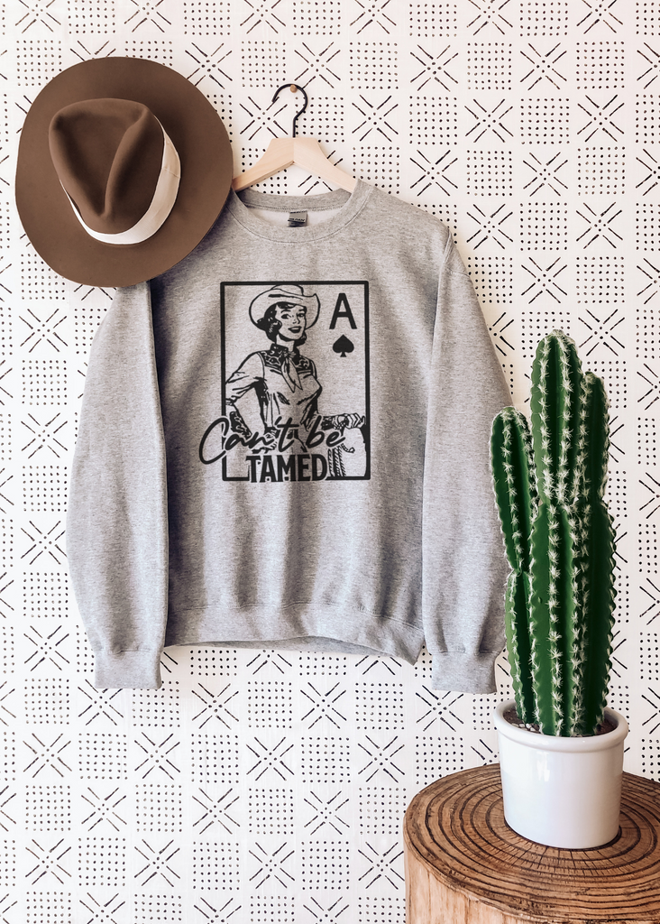 Gray Can't Be Tamed Crewneck Sweatshirt Pullover The Cinchy Cowgirl   