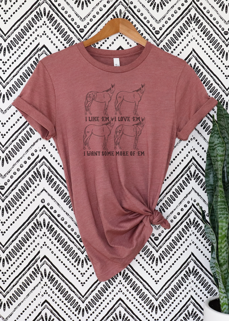 Horse I like 'em, I love 'em Short Sleeve Tee [4 colors] tcc graphic tee - $19.99 The Cinchy Cowgirl Small Mauve 