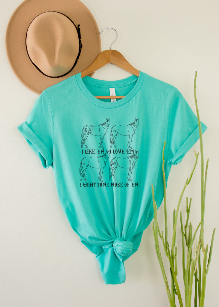 Horse I like 'em, I love 'em Short Sleeve Tee [4 colors] tcc graphic tee - $19.99 The Cinchy Cowgirl Small Teal 